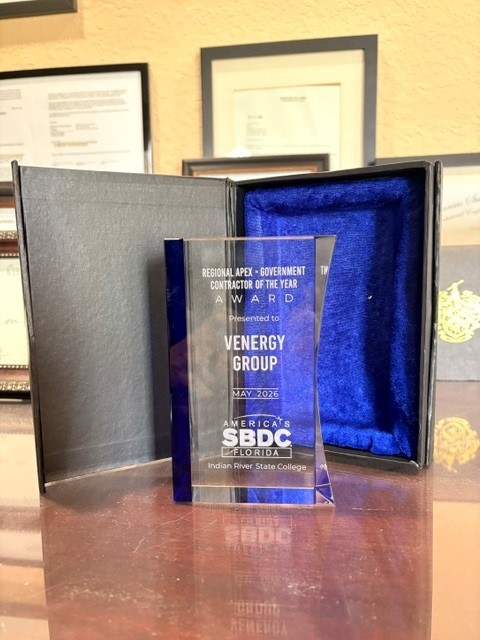 Venergy Group’s 2026 Regional APEX – Government Contractor of the Year award from Florida SBDC at Indian River State College.